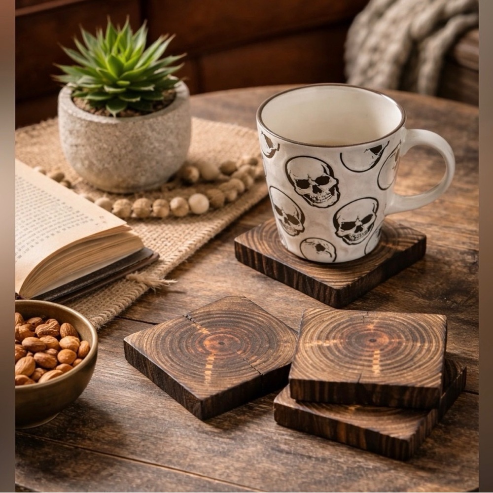 Set of 4 Handmade Burnt Wood Coasters